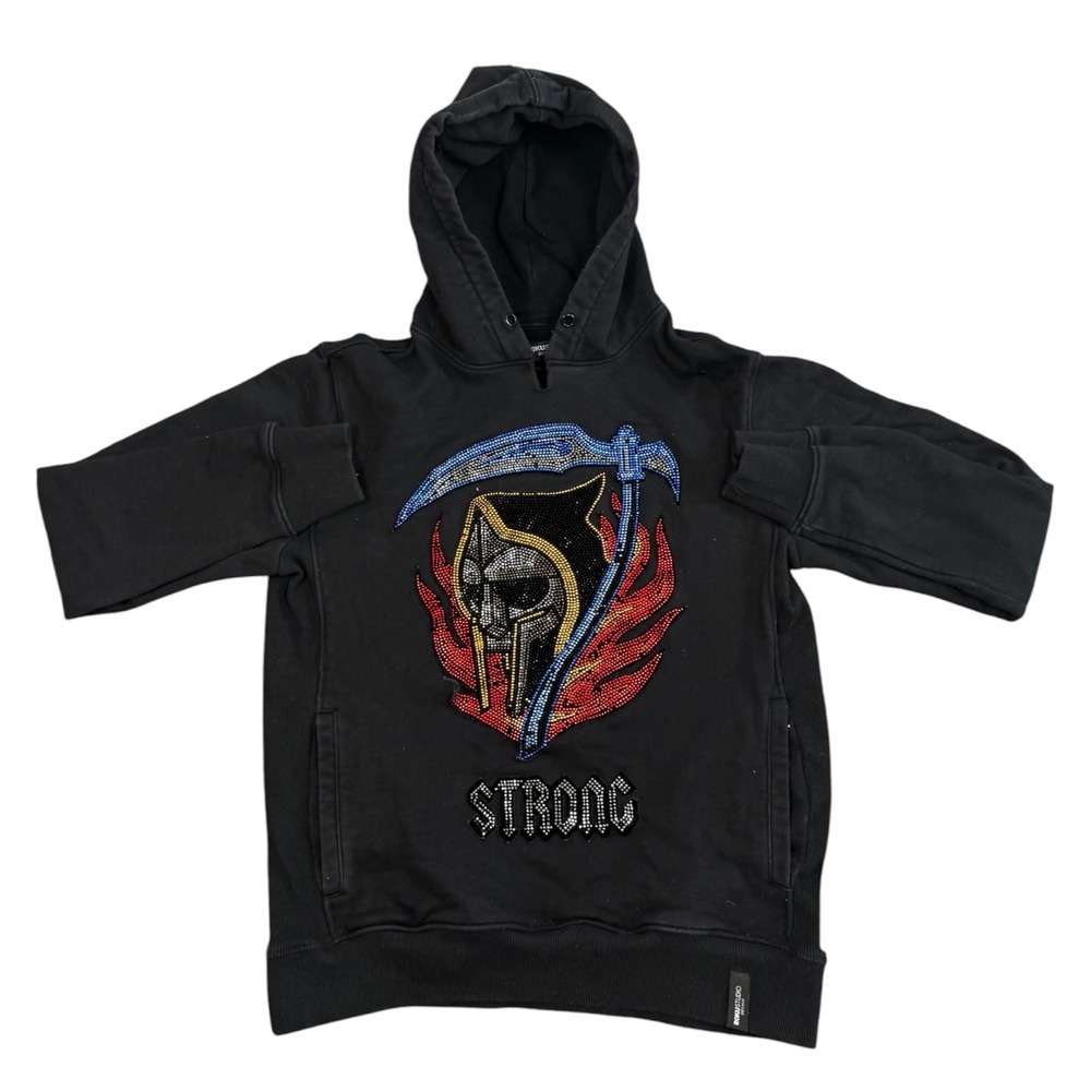 ROKUSTUDIO Hoodie Mens S Black Rhinestone Grim Reaper Scythe Y2K Streetwear